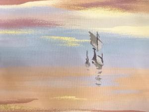 アンティーク　綴れ　夕暮れに帆船模様織り出し名古屋帯